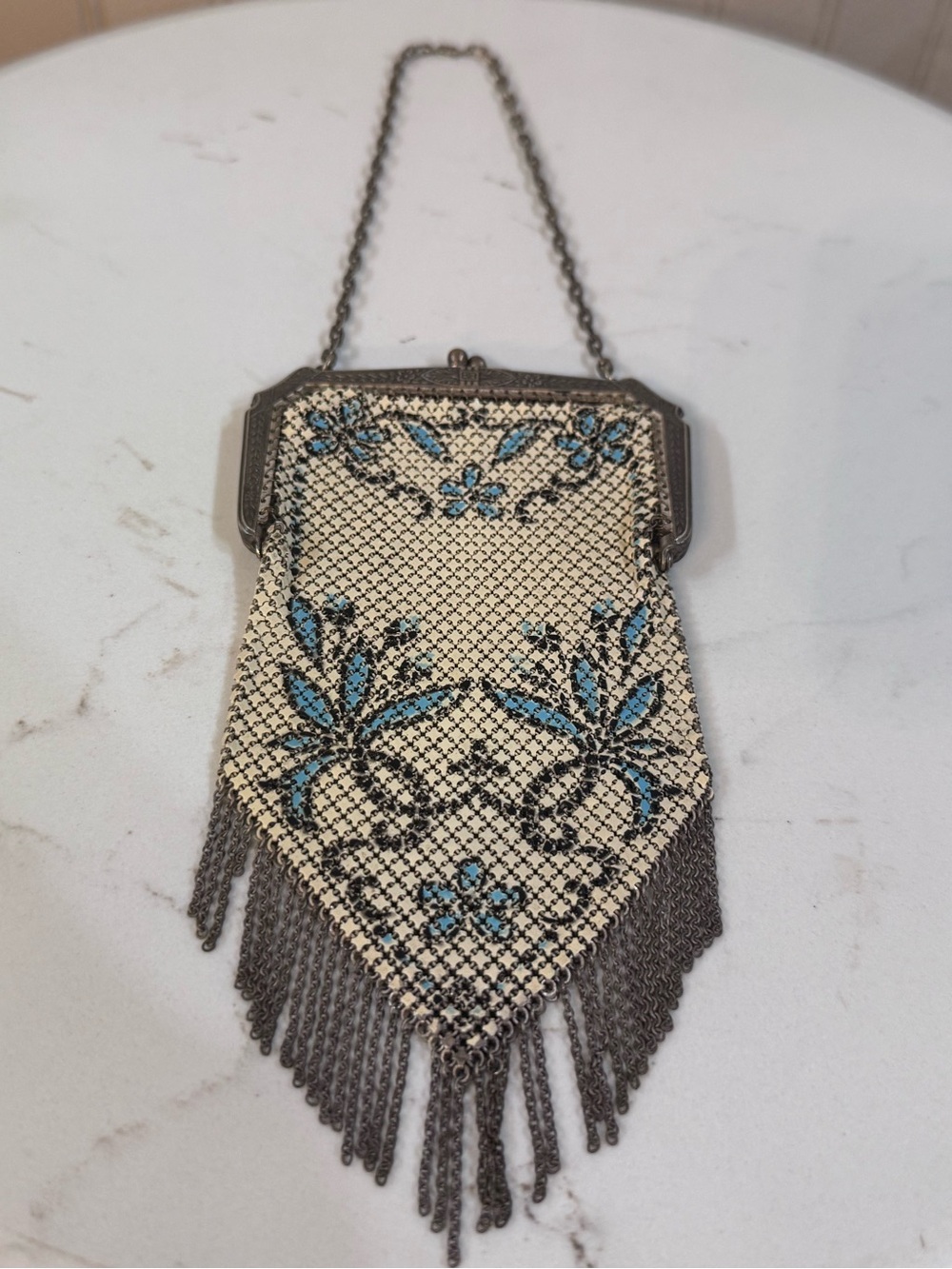 Antique Mandalian Mesh Enamel Flapper Purse Floral w/ Fringe